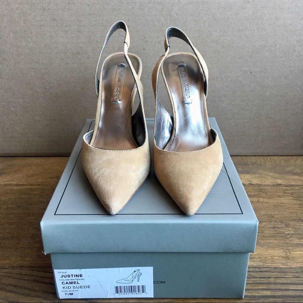 NWB BCBGMaxAzria Justine Suede Heels, Camel, 7.5